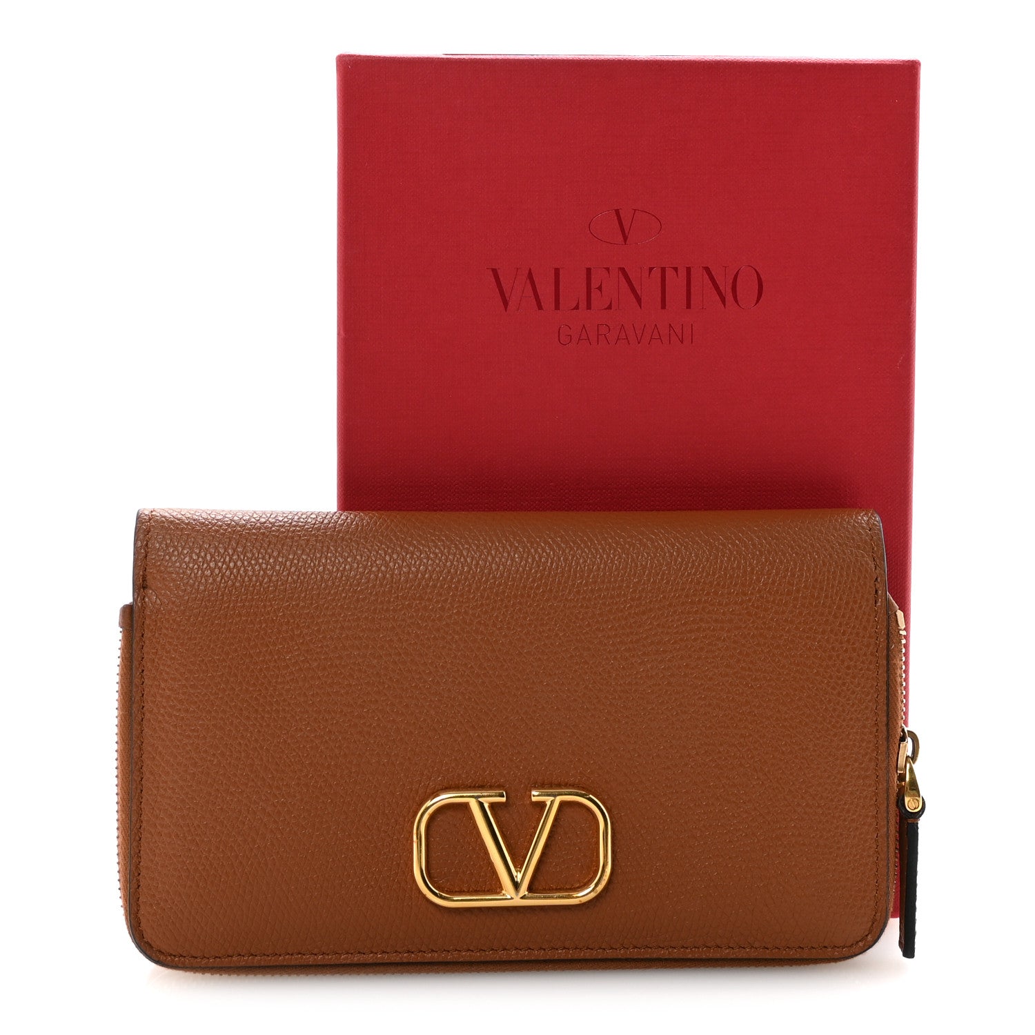 VALENTINO ブラウン モカシン 保存袋付き Valentino Garavani Grained Calfskin Vlogo Zip Around Wallet Saddle