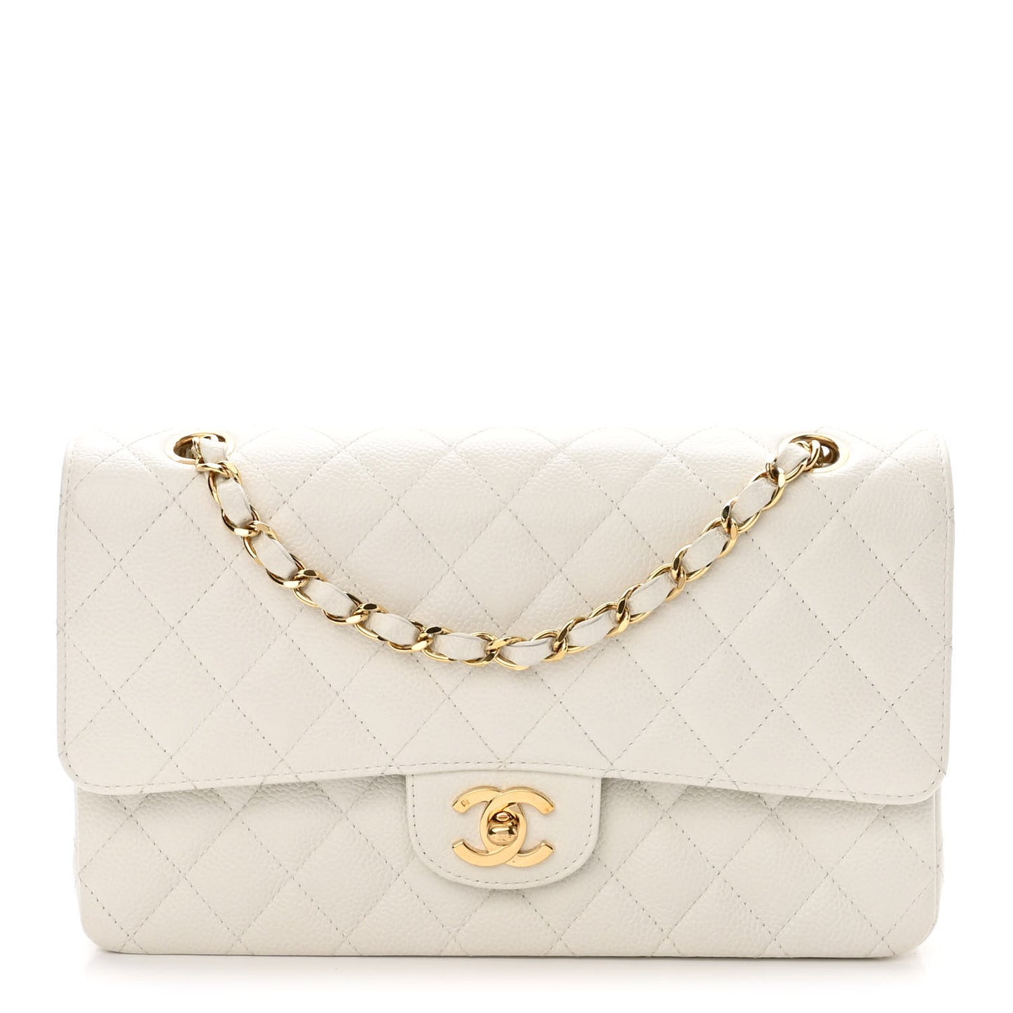 Caviar Quilted Medium Double Flap White