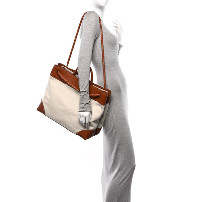 Bottega Veneta Washed Canvas Calfskin Large Andiamo  Natural Light Wood 2 of 18