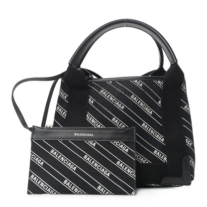 Balenciaga Cotton Canvas Calfskin Logo Print Navy Cabas XS Black White 1 of 10