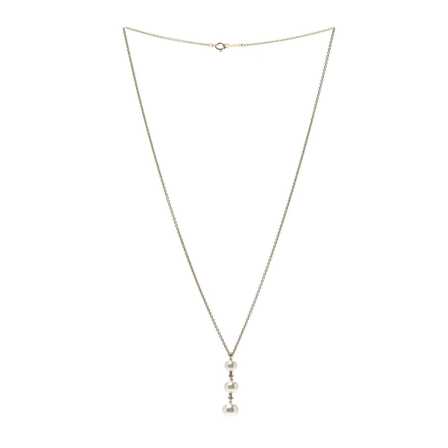 18K Yellow Gold Diamond Akoya Pearl 5-7.5mm Three Pearl Drop Pendant Necklace