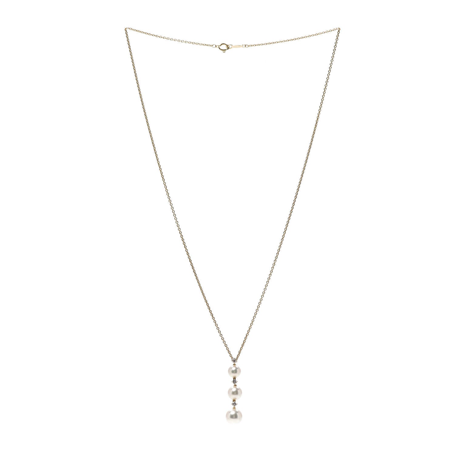 Mikimoto 18K Yellow Gold Diamond Akoya Pearl 5-7.5mm Three Pearl Drop Pendant Necklace 3 of 6