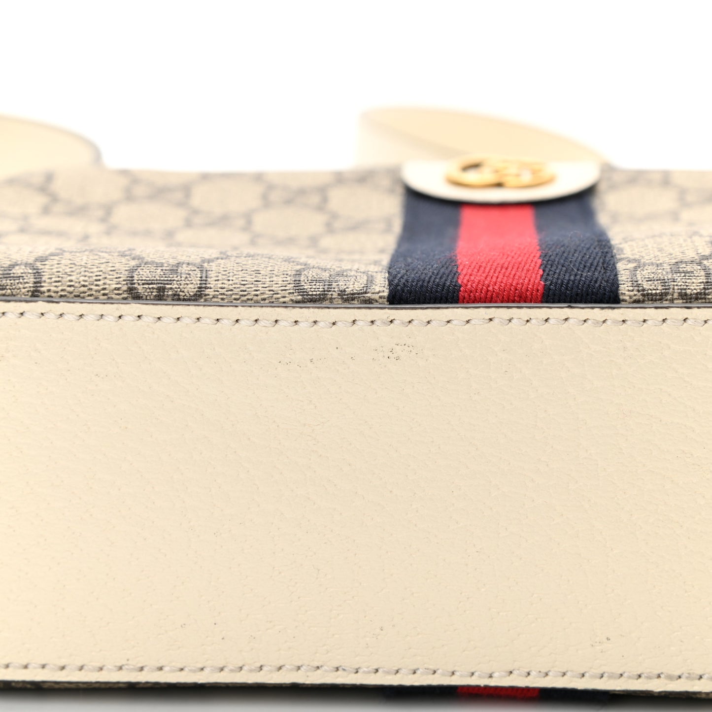 GG Supreme Monogram Textured Calfskin Web Small Ophidia Camera Bag Beige Ebony Mystic White