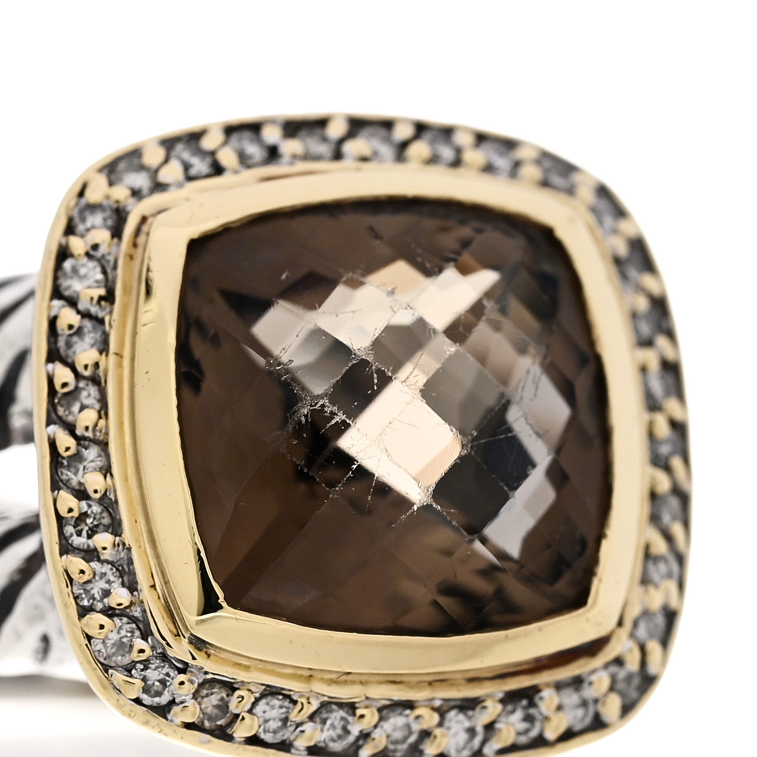 David Yurman Sterling Silver 18K Yellow Gold Diamond Smoky Quartz 11mm Albion Ring 53 6.5 7 of 7