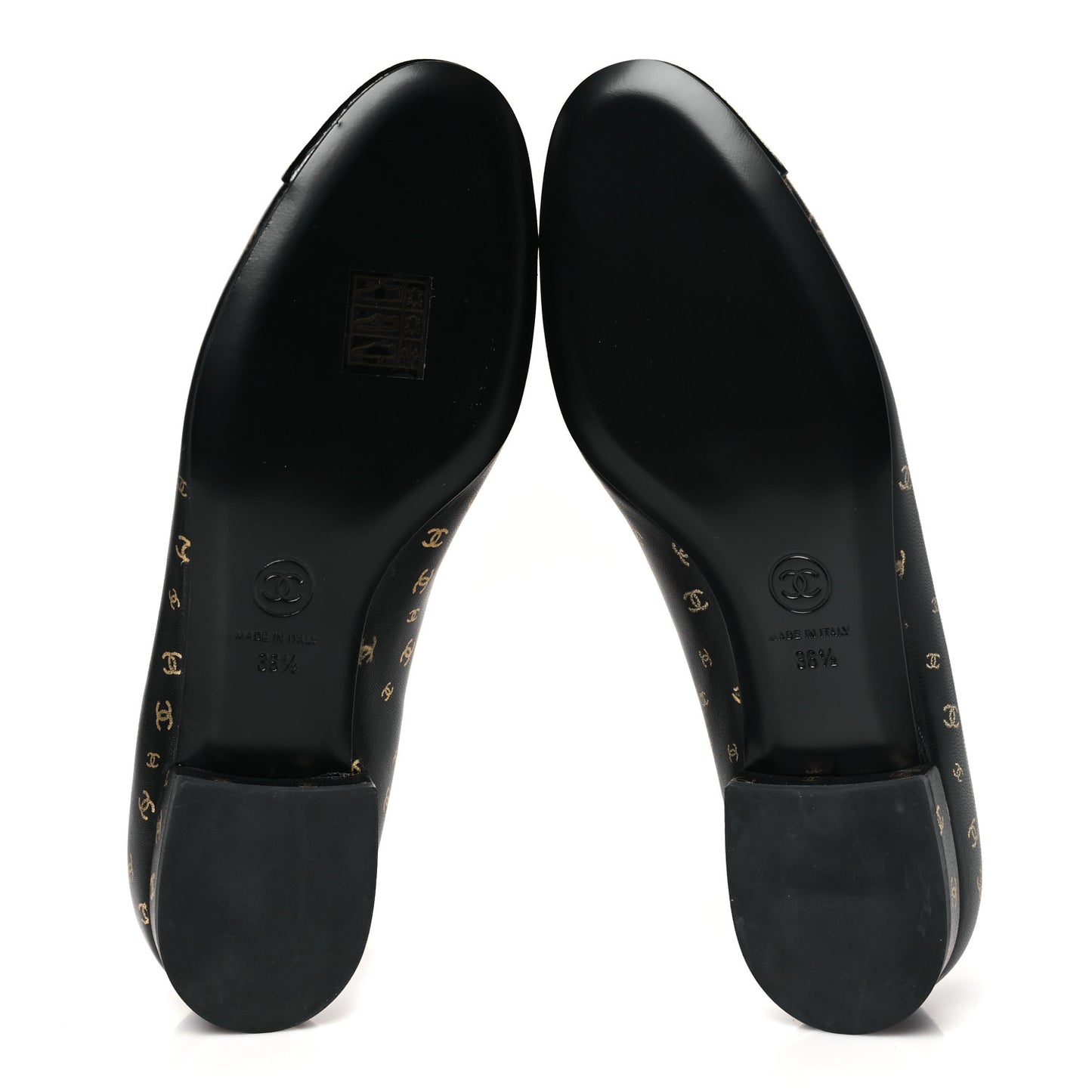 Lambskin Patent Calfskin Printed CC Cap Toe Ballerina Flats 36.5 Black Gold