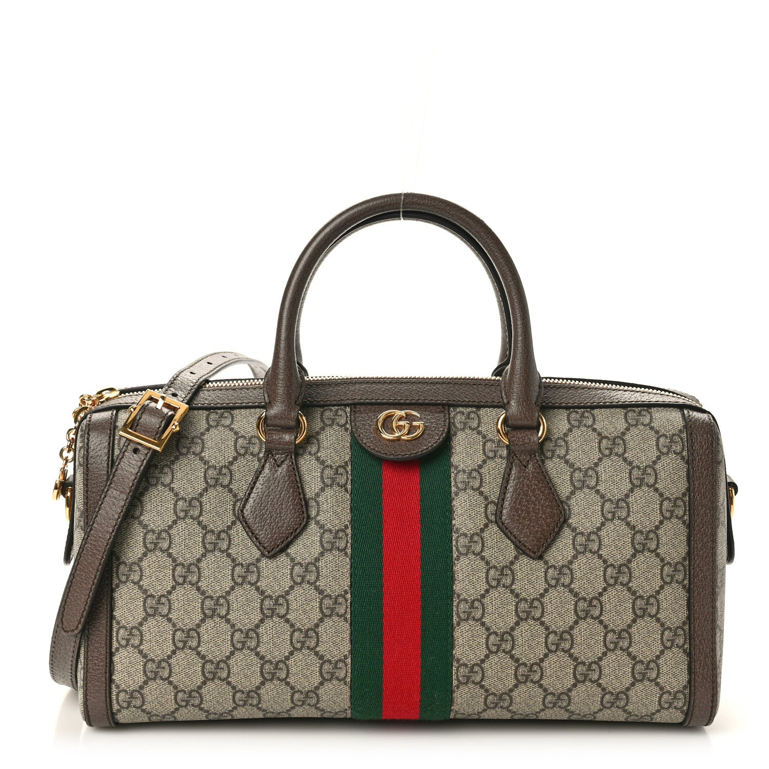 Gucci GG Supreme Monogram Textured Dollar Calfskin Web Medium Ophidia Boston Beige Ebony New Acero 1 of 10