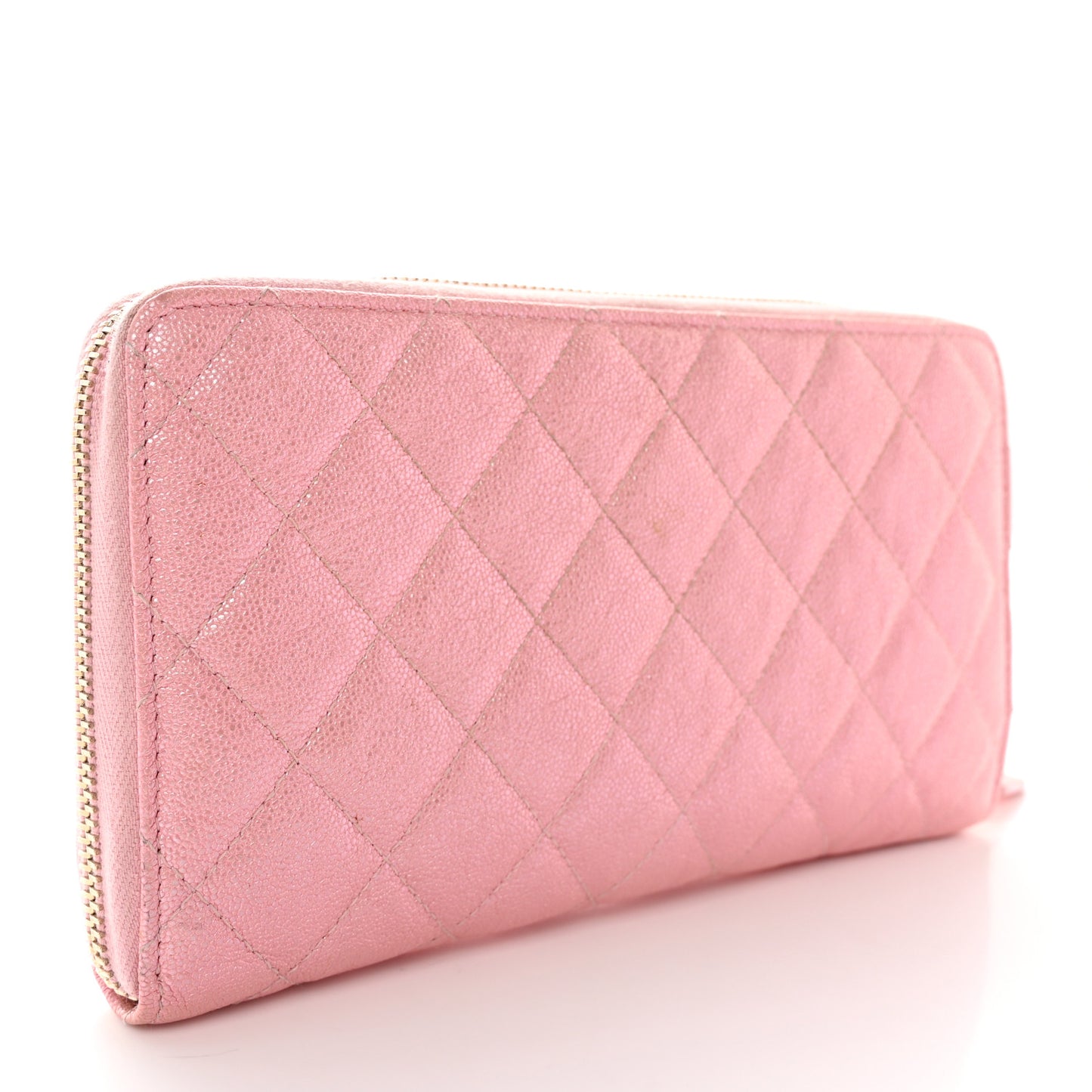 Iridescent Caviar Quilted Large Zip Around Organizer Wallet Pink