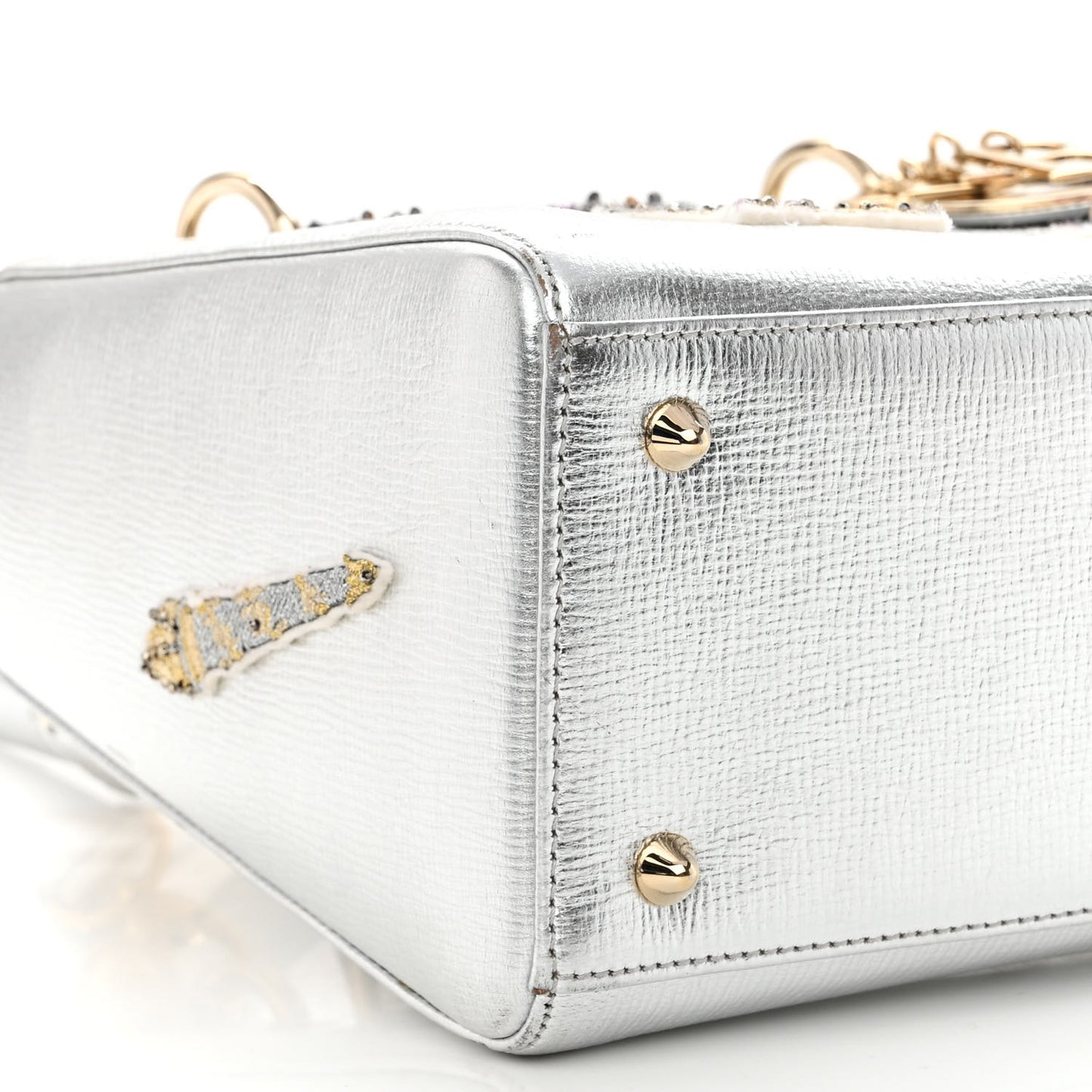 Metallic Calfskin Embroidered Lady Dior Silver Multicolor
