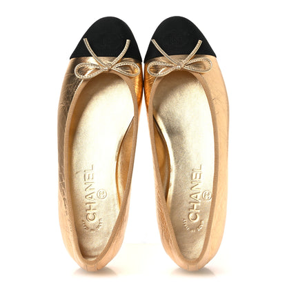 Chanel Metallic Calfskin Grosgrain Cap Toe CC Ballerina Flats 37.5 Gold 2 of 10