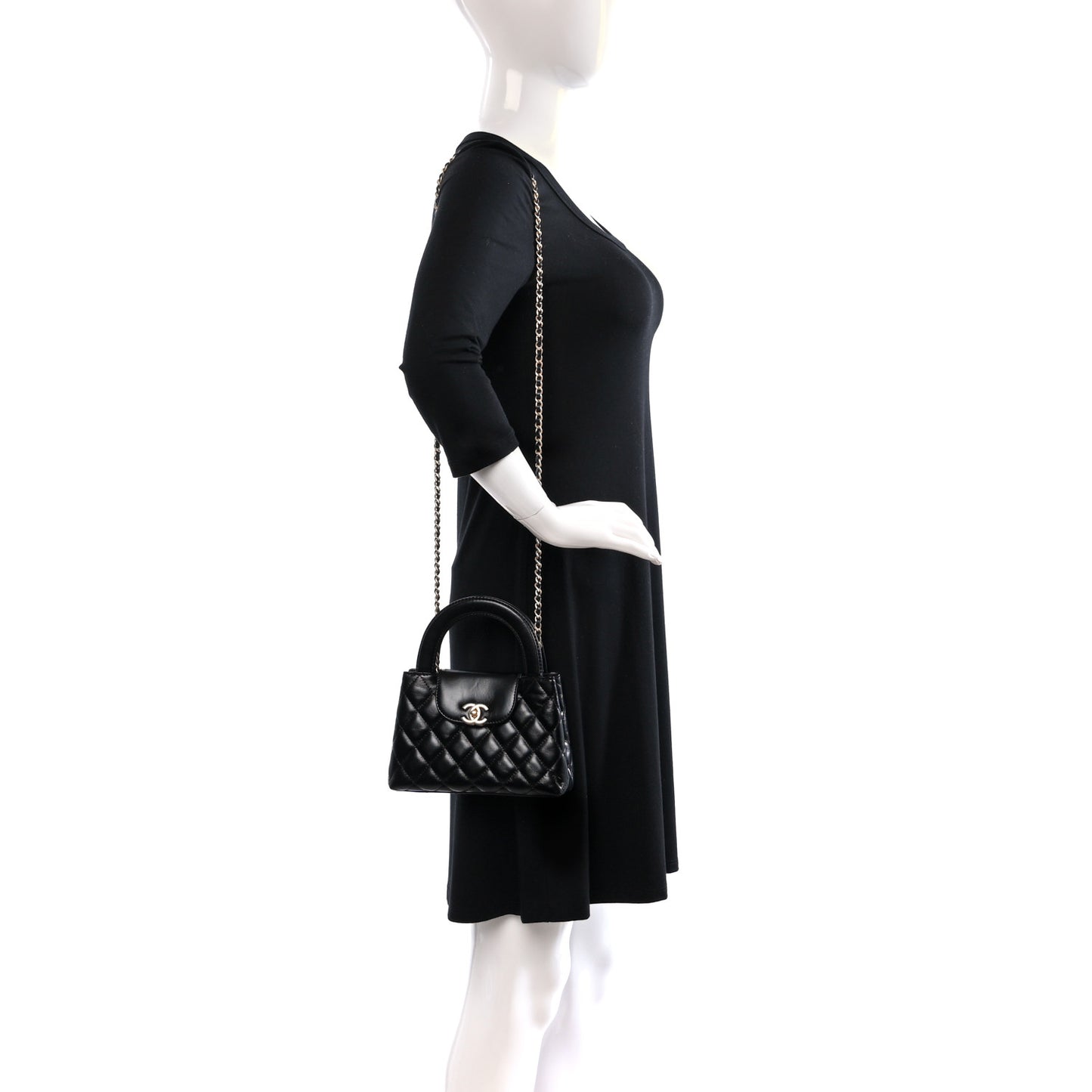 Shiny Aged Calfskin Quilted Nano Kelly Shopper Black