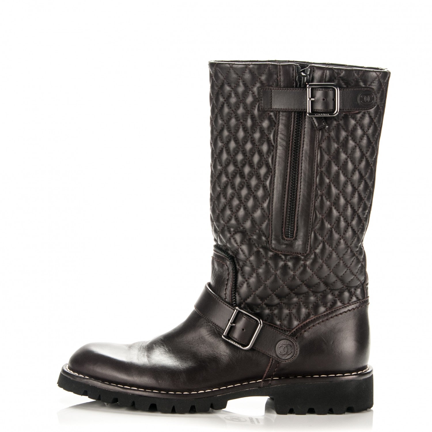 Chanel Calfskin Quilted Biker Boots 40 Dark Brown 1 of 6