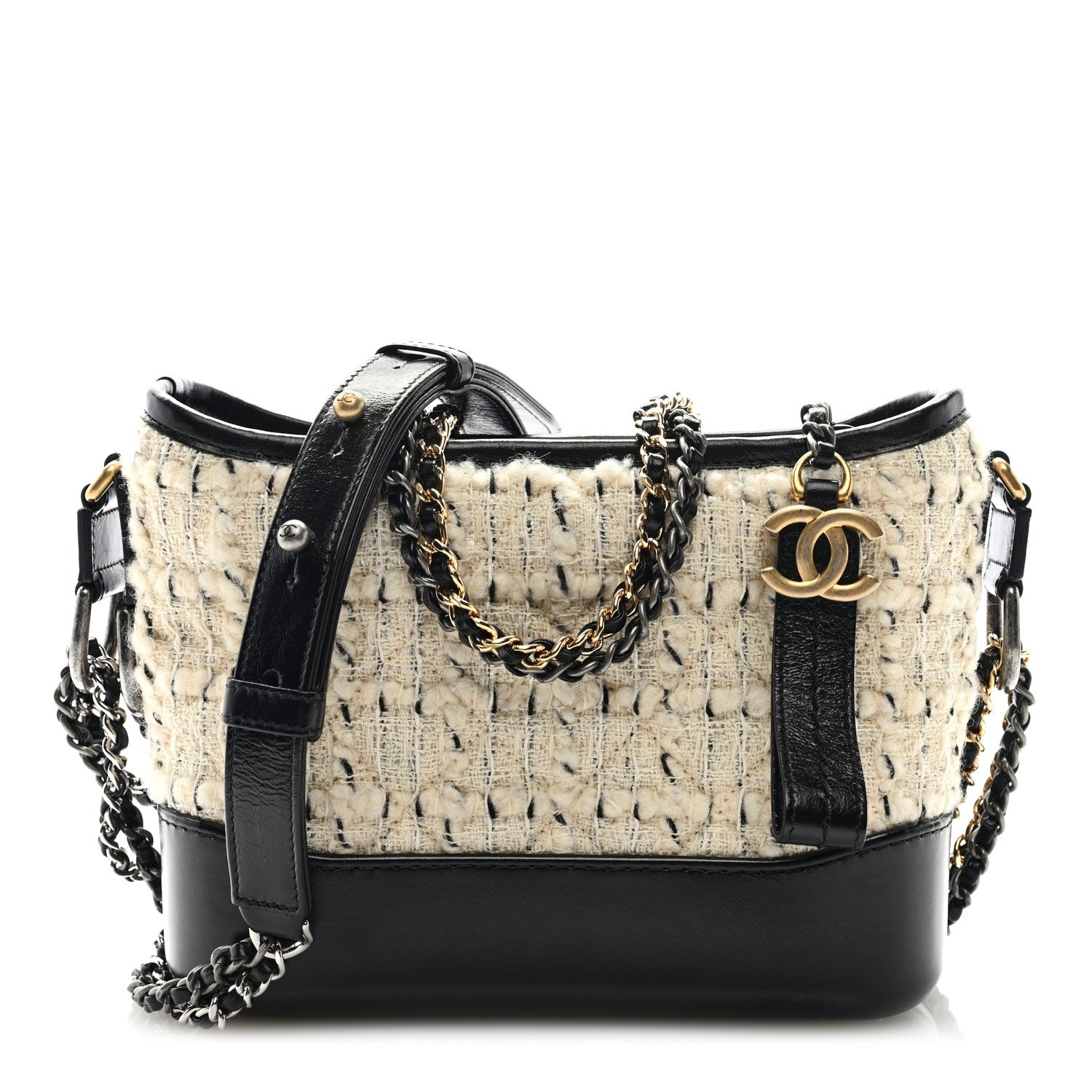 Chanel Tweed Calfskin Quilted Small Gabrielle Hobo Ivory Black 1 of 9