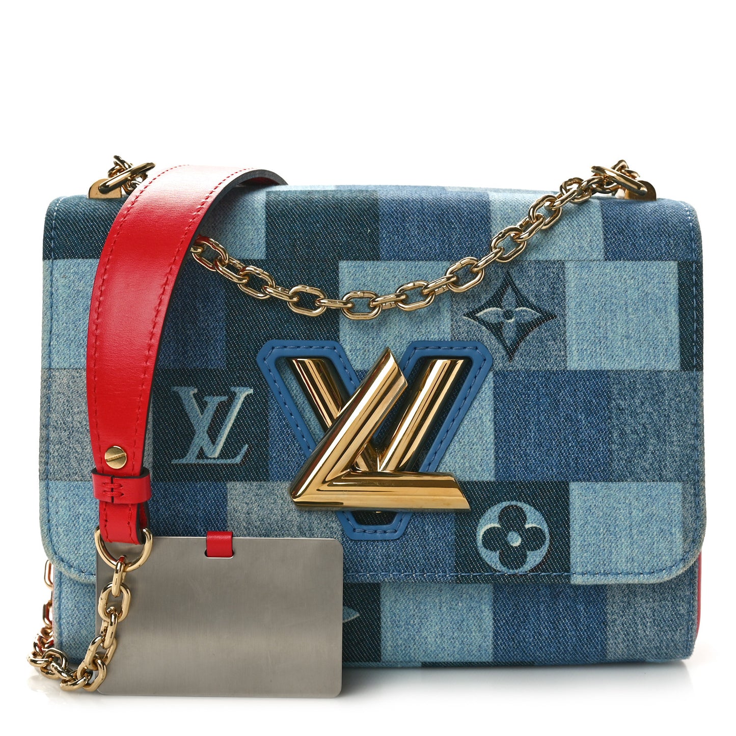 Denim Damier Monogram Twist Shoulder Bag MM Blue Rouge