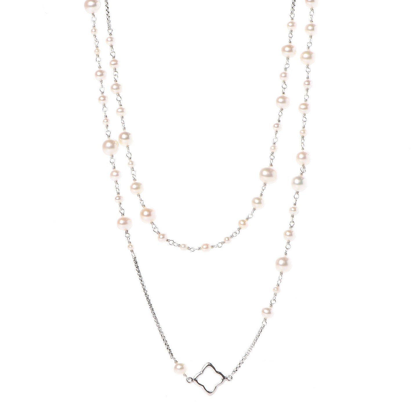 Sterling Silver Pearl Quatrefoil Long Chain Necklace