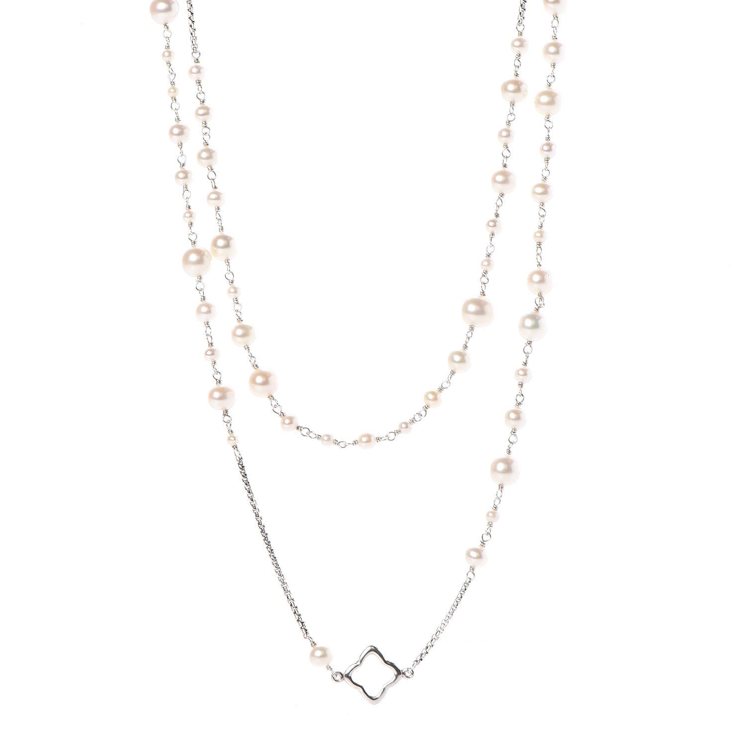 David Yurman Sterling Silver Pearl Quatrefoil Long Chain Necklace 1 of 8