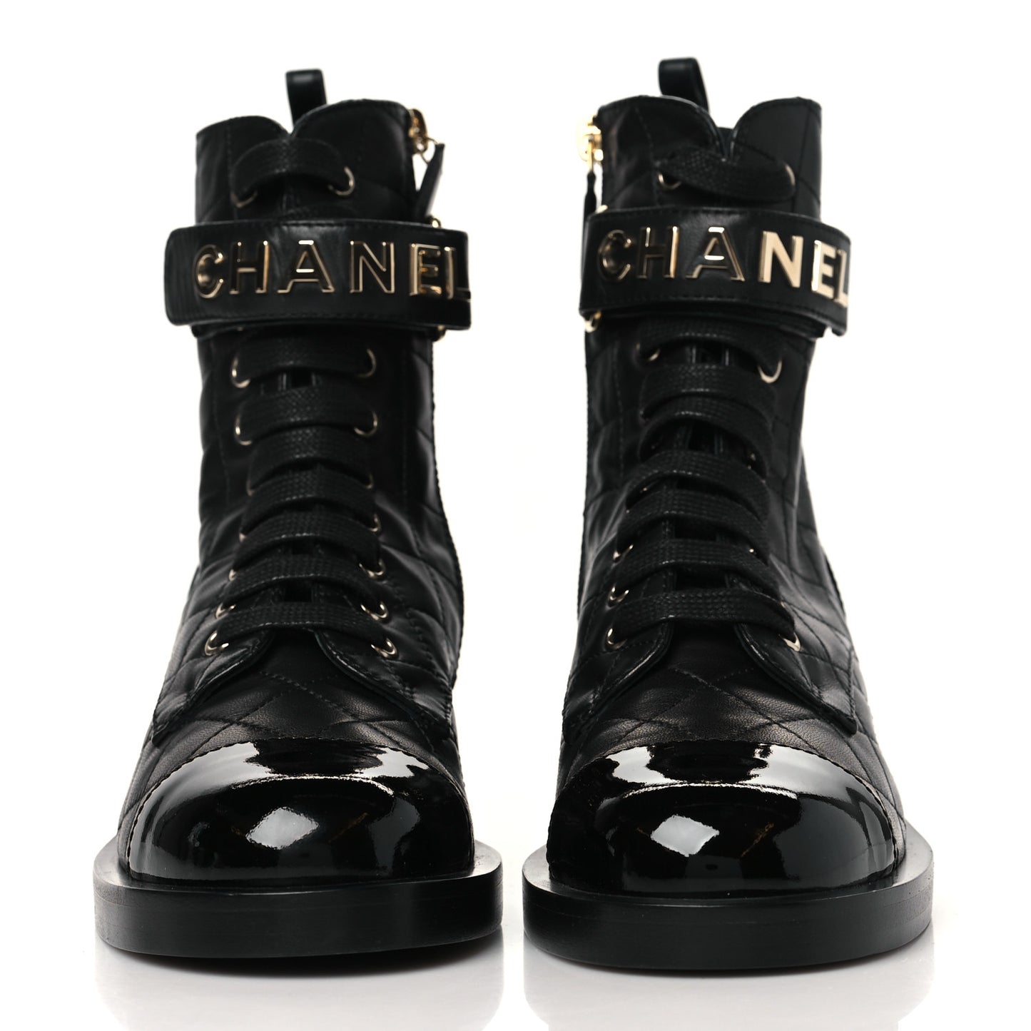 Lambskin Patent Calfskin Quilted Logo Lace Up Combat Boots 36 Black