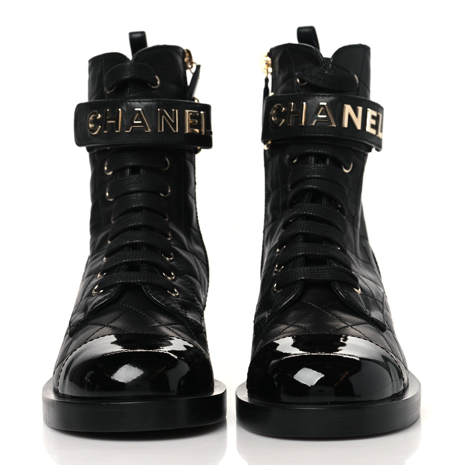 Chanel Lambskin Patent Calfskin Quilted Logo Lace Up Combat Boots 36 Black 2 of 9
