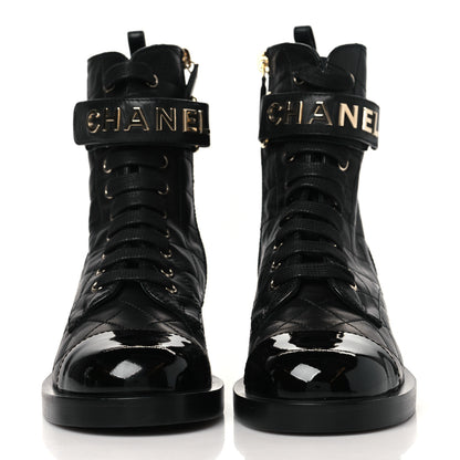 Chanel Lambskin Patent Calfskin Quilted Logo Lace Up Combat Boots 36 Black 2 of 9