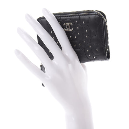 Chanel Lambskin Camellia Embossed Studded Zip Coin Purse Black 2 of 7