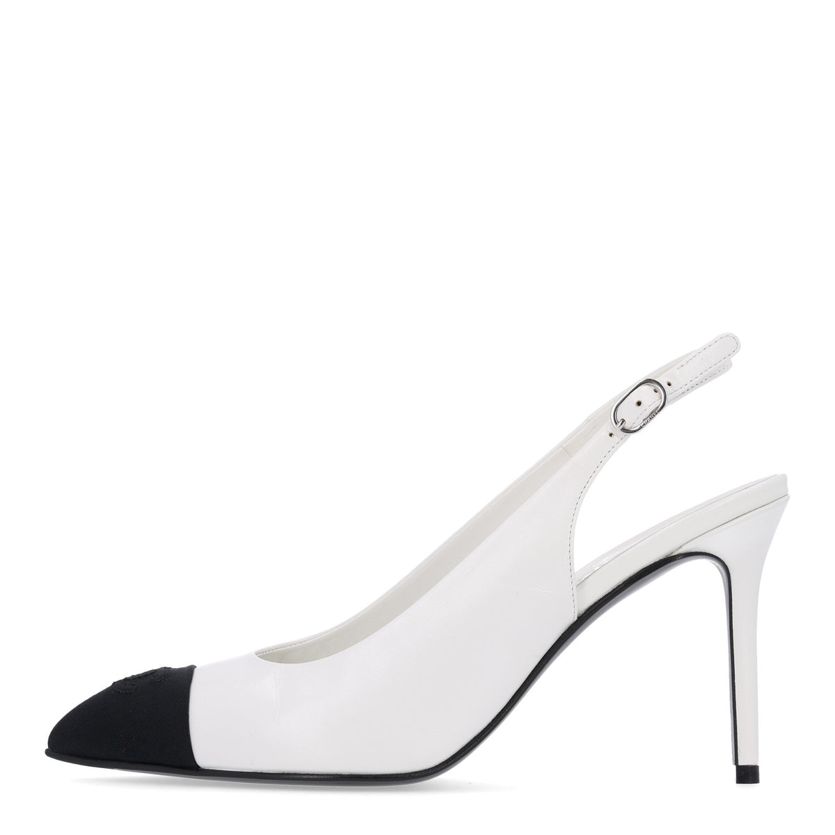 Chanel Goatskin Grosgrain Pointed Cap Toe CC Slingback Pumps 38.5 White Black 1 of 10