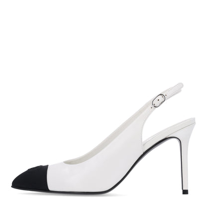 Chanel Goatskin Grosgrain Pointed Cap Toe CC Slingback Pumps 38.5 White Black 1 of 10