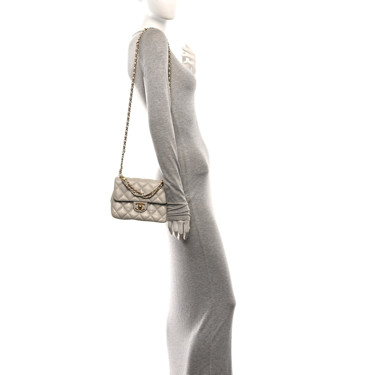 Shiny Lambskin Quilted Pearl Twist Mini Square Flap Light Grey