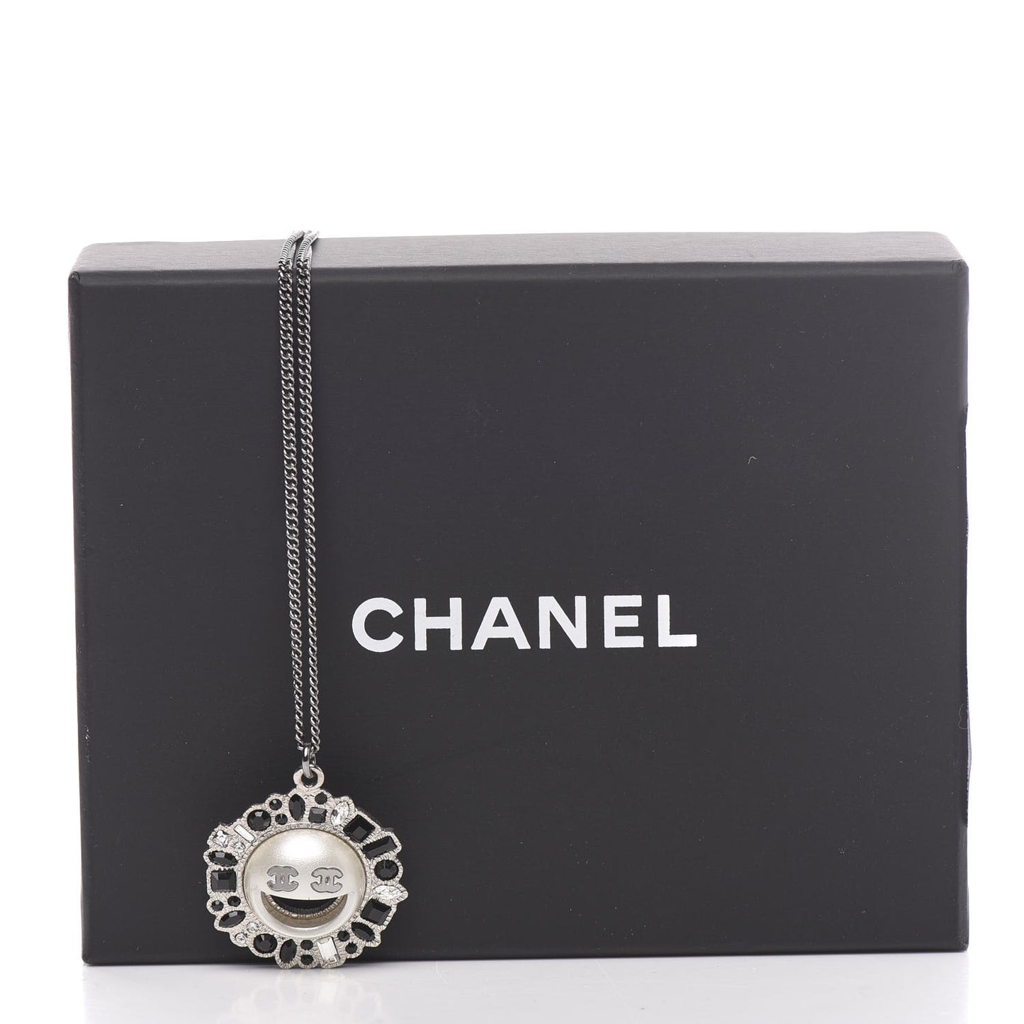 Crystal CC Smiley Emoji Pendant Necklace Silver Black