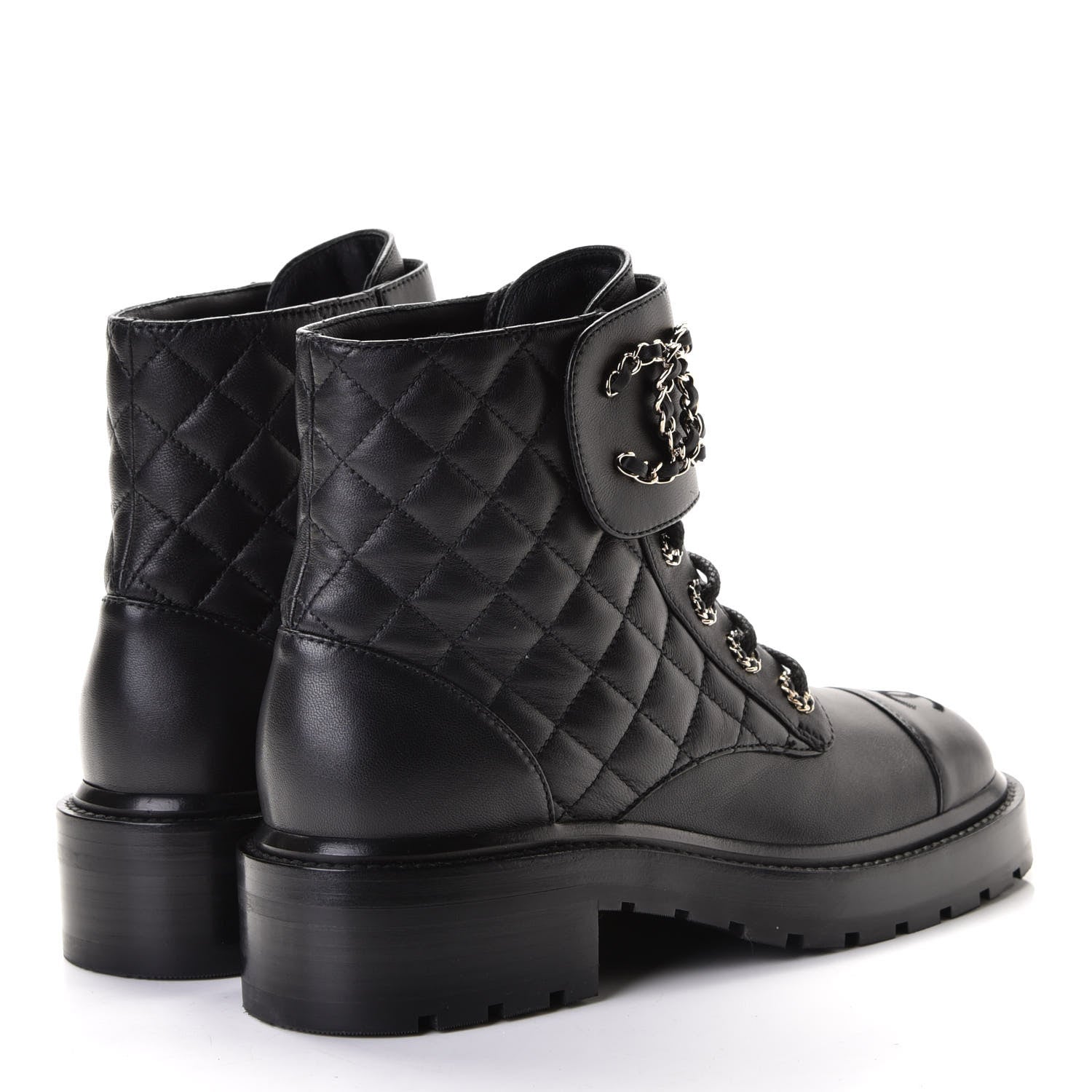 Chanel Shiny Lambskin Quilted Lace Up Combat Boots 37 Black 3 of 7