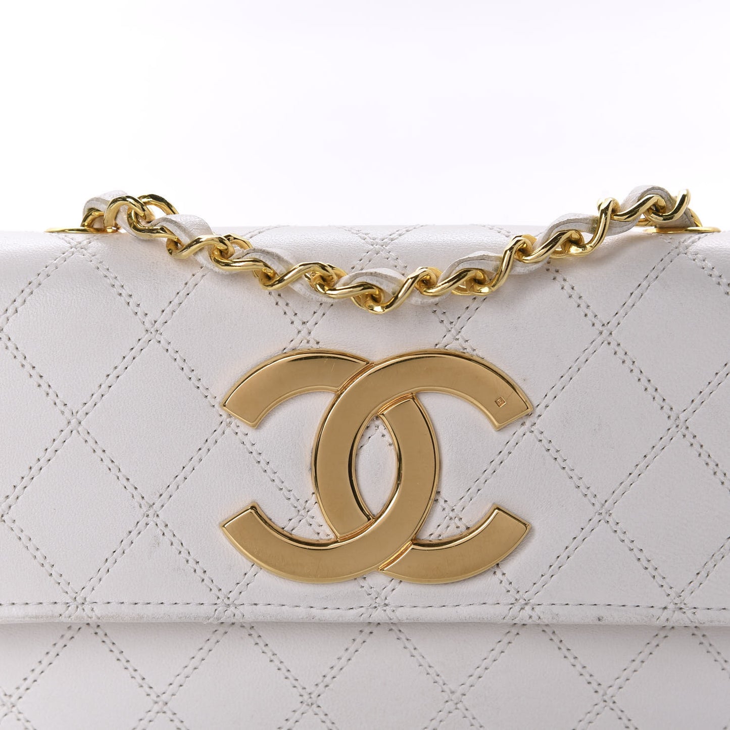 Calfskin Diamond Double Stitch Flap White