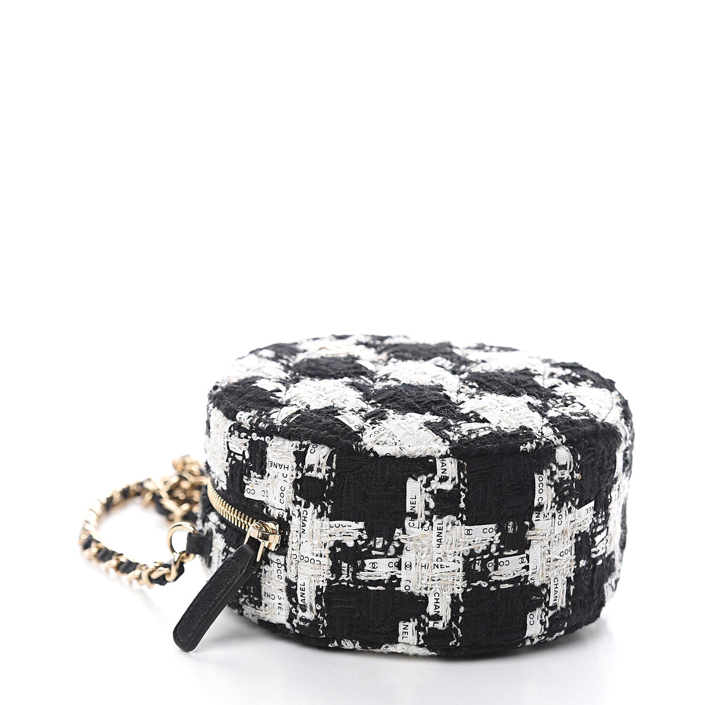 Tweed Quilted Round Clutch With Chain Black Ecru White