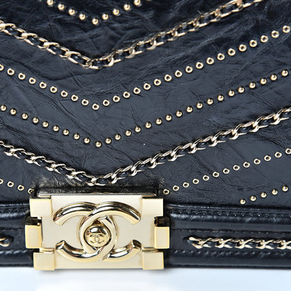 Chanel Crumpled Calfskin Chevron Chain Medium Boy Flap Black 10 of 11