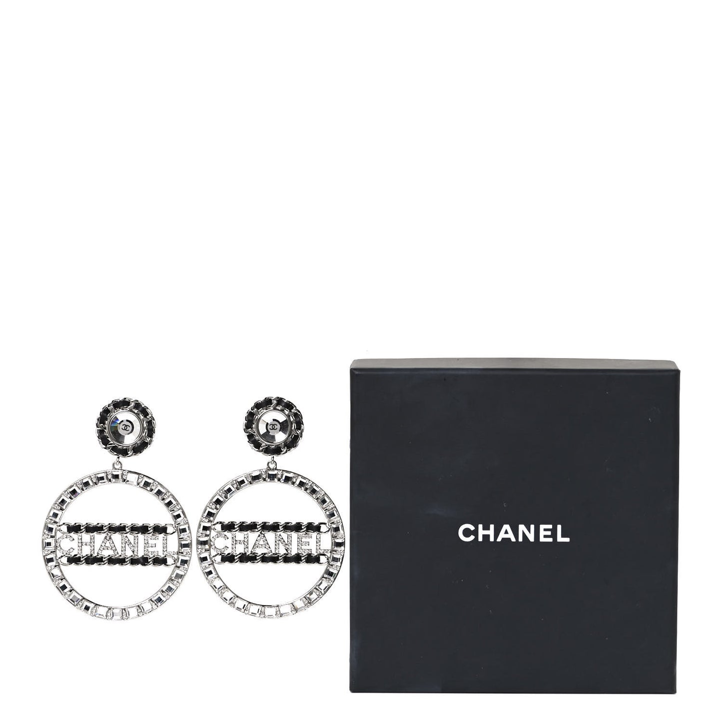 Crystal Lambskin Chain CC Hoop Clip On Earrings Black Silver