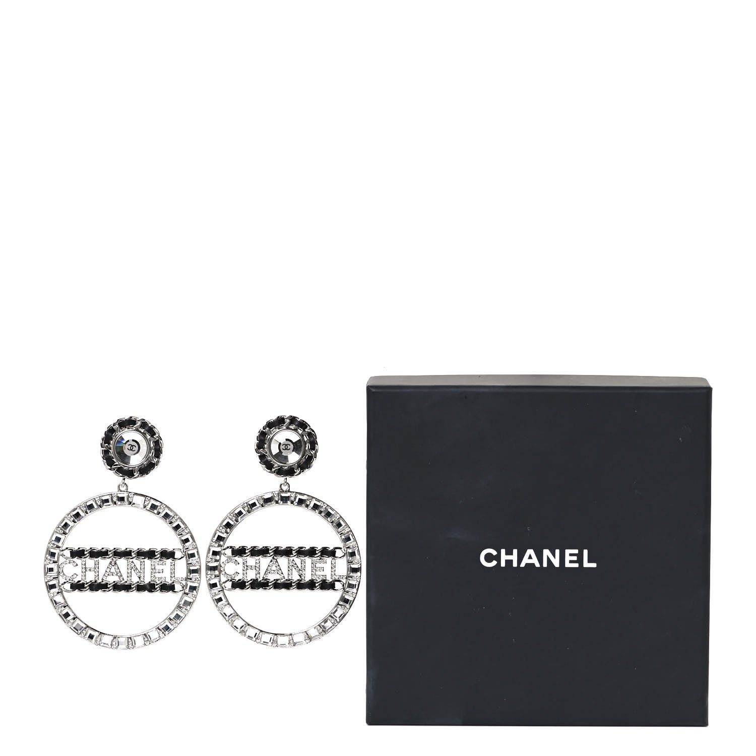 Chanel Crystal Lambskin Chain CC Hoop Clip On Earrings Black Silver 5 of 5