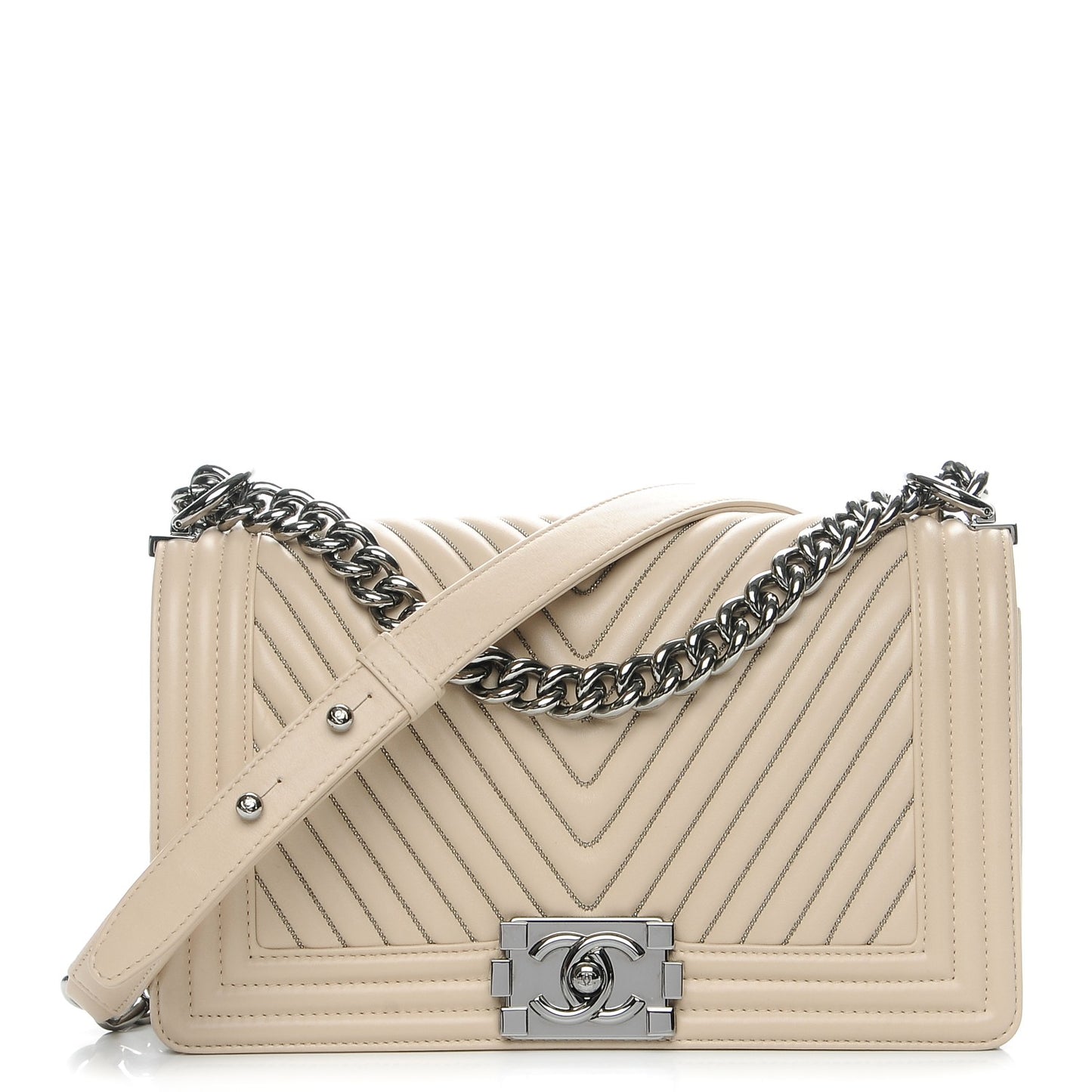 Calfskin Chevron Chain Medium Boy Flap Beige