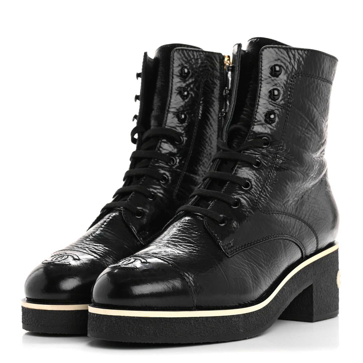 Shiny Crumpled Lambskin Lace Up Combat Boots 42 Black