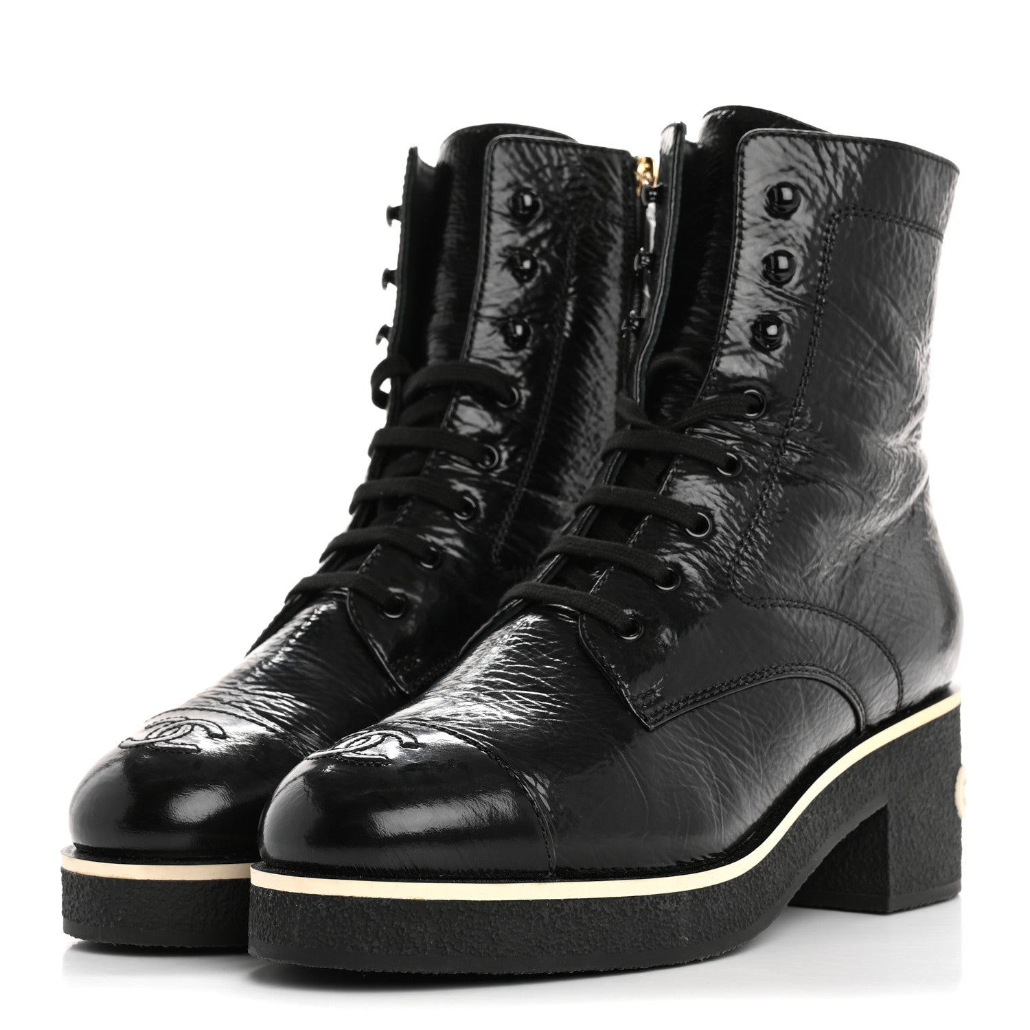 Chanel Shiny Crumpled Lambskin Lace Up Combat Boots 42 Black 4 of 10