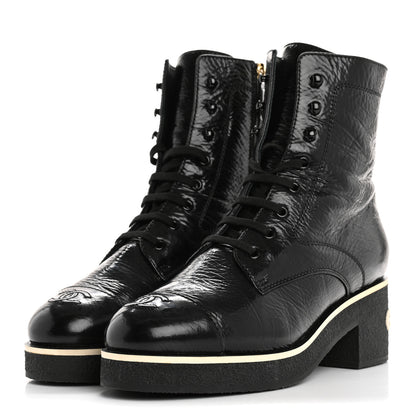 Chanel Shiny Crumpled Lambskin Lace Up Combat Boots 42 Black 4 of 10