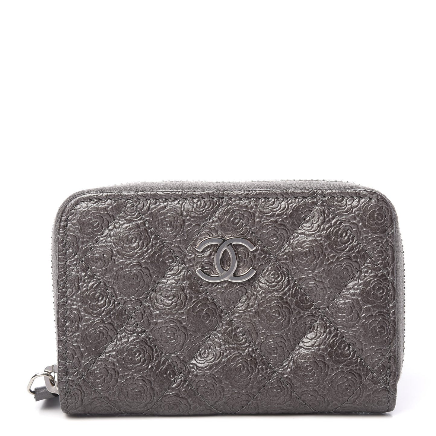 Metallic Calfskin Camellia Embossed Zip Coin Purse Grey