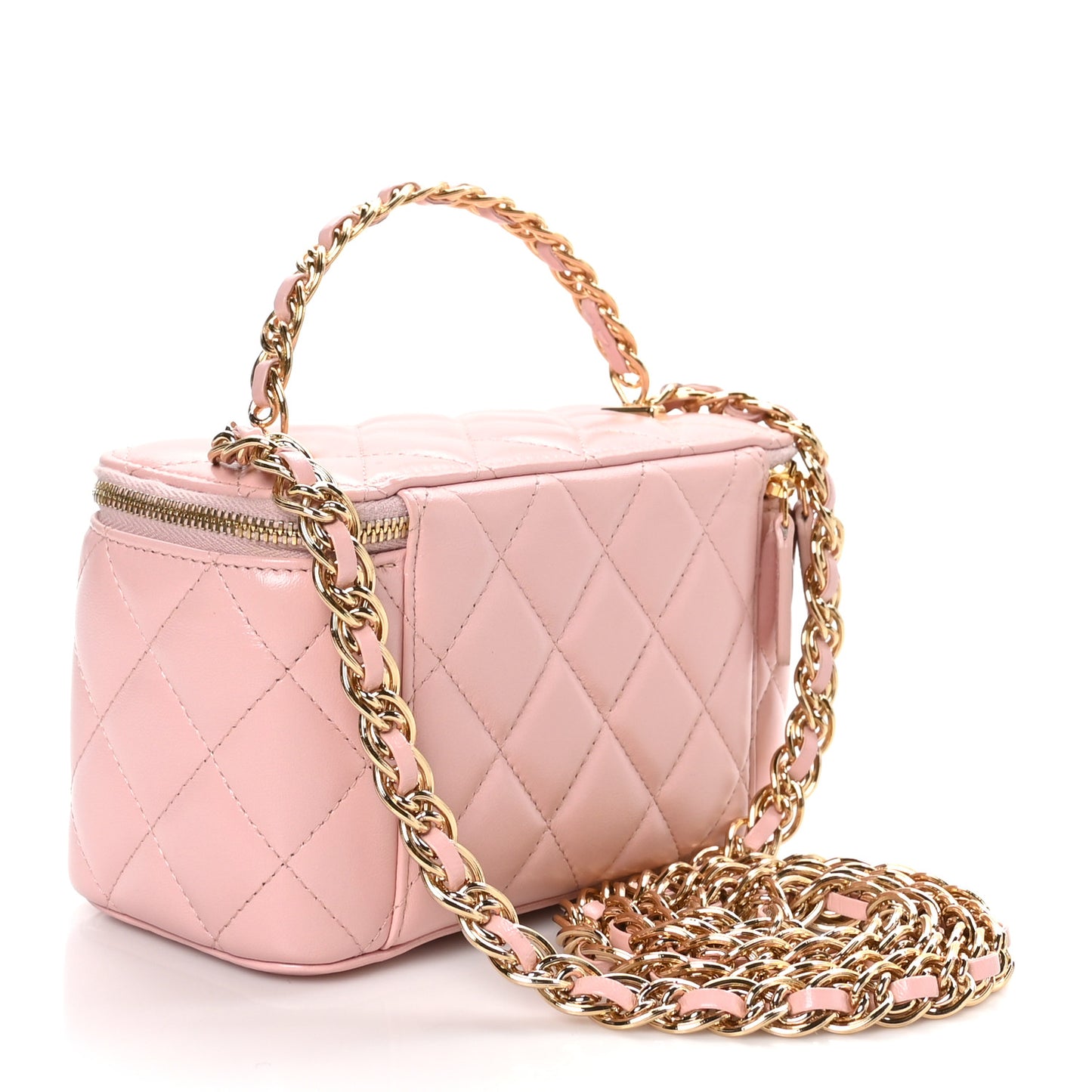 Lambskin Quilted Small Top Handle Vanity Case With Chain Light Pink