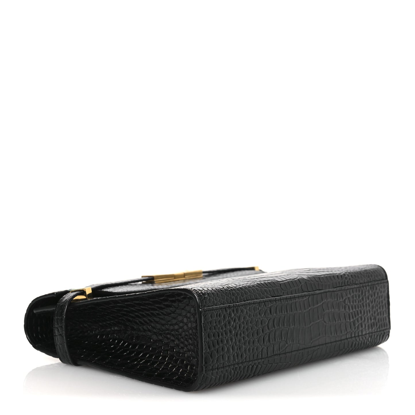 Shiny Calfskin Crocodile Embossed Manhattan Baguette Black