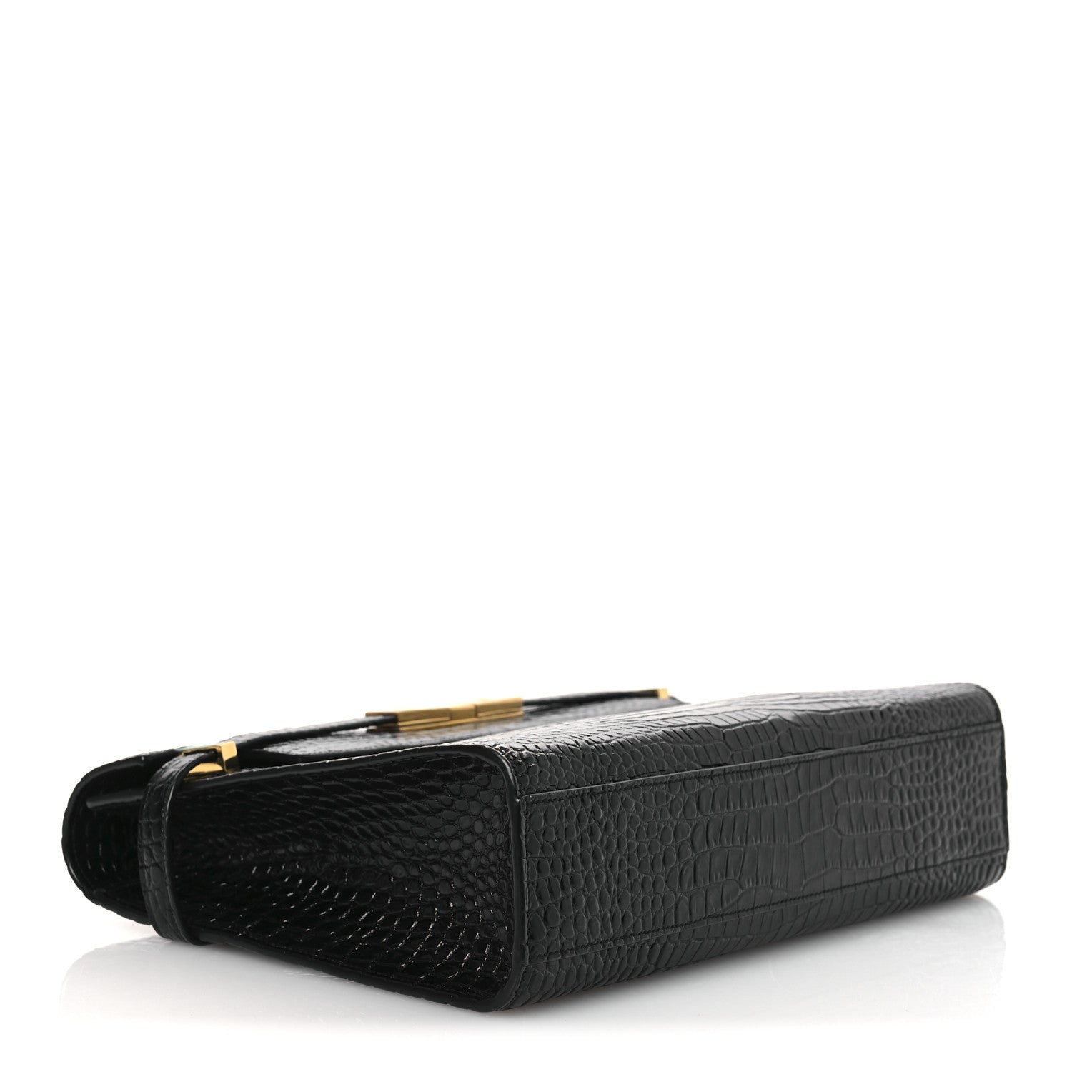 Saint Laurent Shiny Calfskin Crocodile Embossed Manhattan Baguette Black 4 of 12
