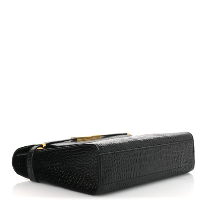 Saint Laurent Shiny Calfskin Crocodile Embossed Manhattan Baguette Black 4 of 12
