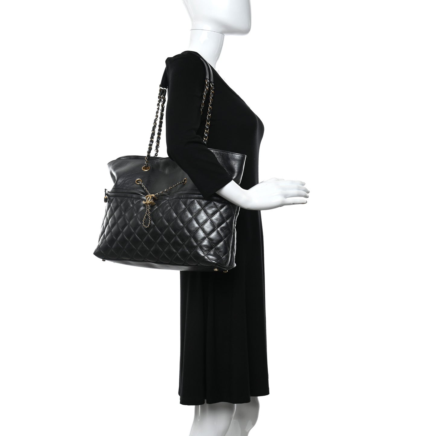 Metallic Aged Calfskin Quilted Drawstring Shopping Tote Dark Grey