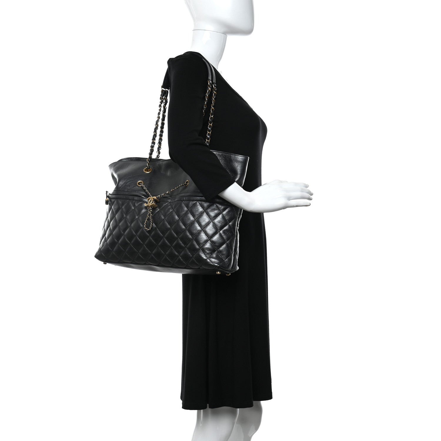 Chanel Metallic Aged Calfskin Quilted Drawstring Shopping Tote Dark Grey 2 of 14