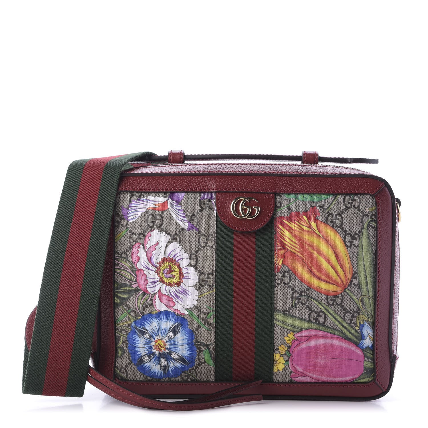 Gucci GG Supreme Monogram Flora Web Small Ophidia Top Handle Shoulder Bag Hibiscus Red 1 of 10