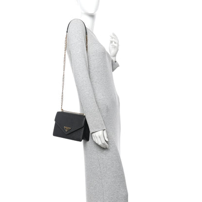Prada Saffiano Soft Calfskin Metal Triangle Logo Envelope Chain Shoulder Bag Black 2 of 11