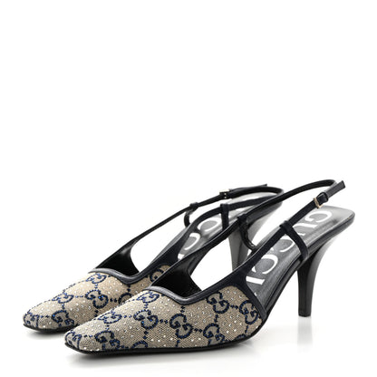 Gucci GG Monogram Malaga Kid Crystal Square G 35mm Slingback Pumps 37.5 Beige Blue 3 of 12