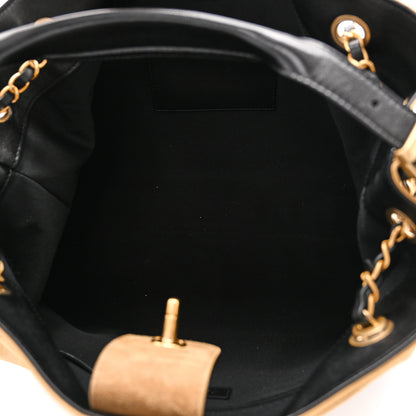 Chanel Suede Calfskin Shiny Lambskin Quilted Small Coco Base Shopping Bag Beige Black 5 of 10