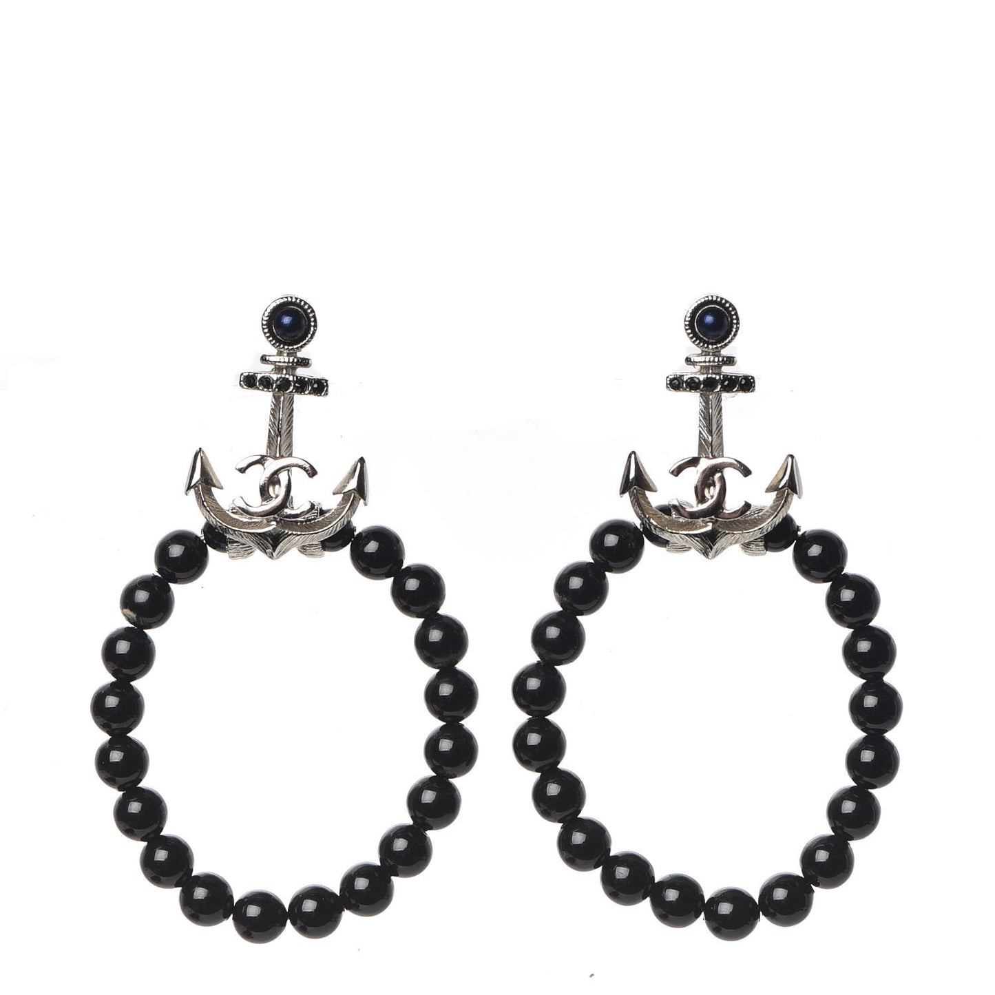 Ruthenium Bead Anchor Drop CC Oval Earrings Black Blue