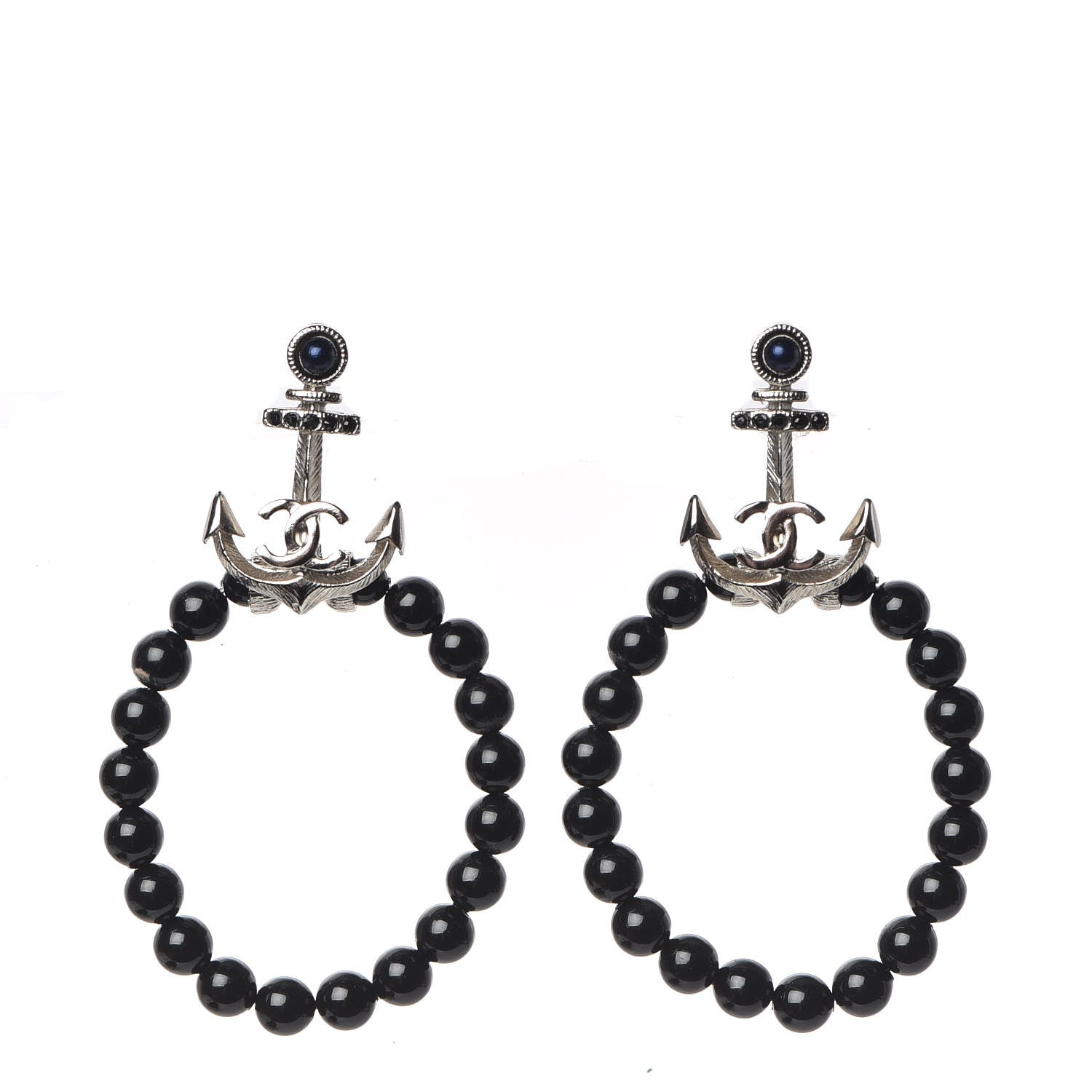 Chanel Ruthenium Bead Anchor Drop CC Oval Earrings Black Blue 1 of 5